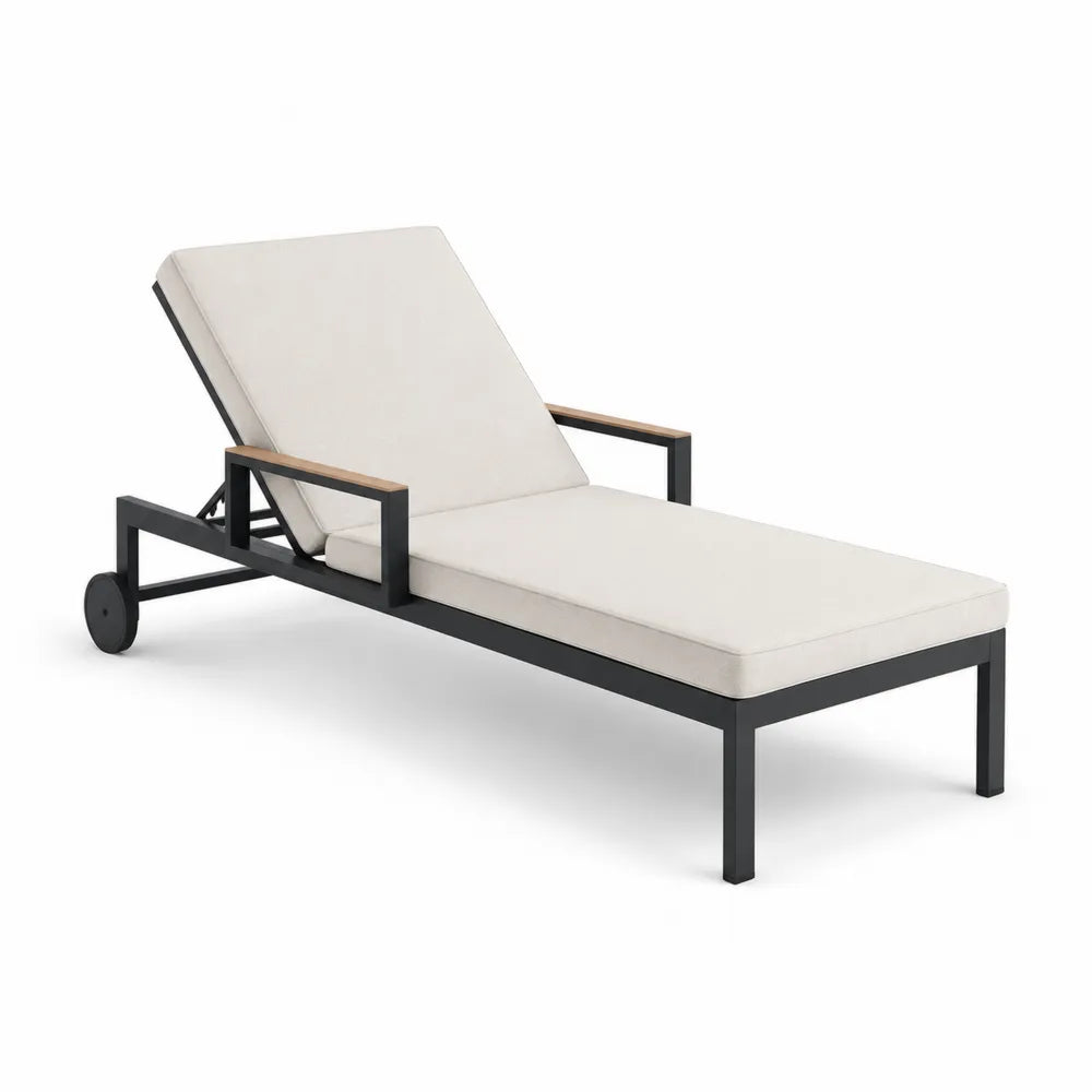 Tumbona de aluminio y madera de teca con cojín blanco de 200 cm