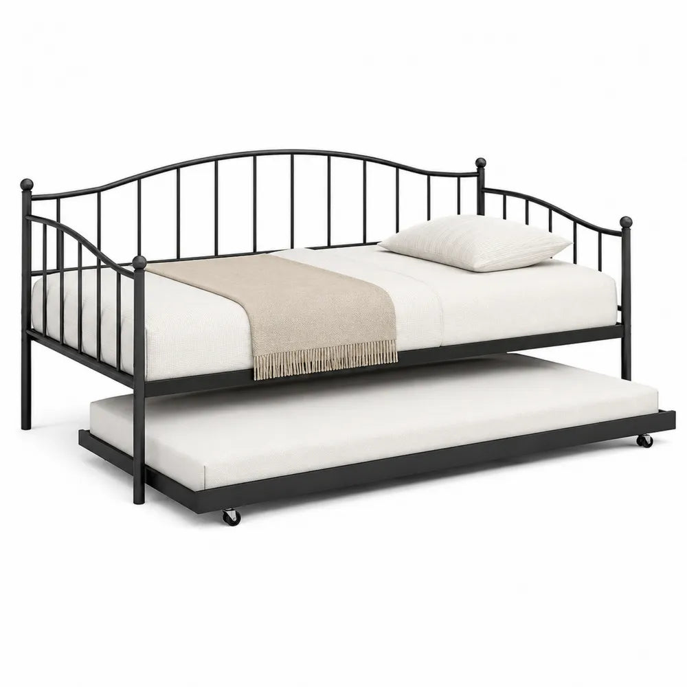Cama nido de metal negro con somier adicional y colchones