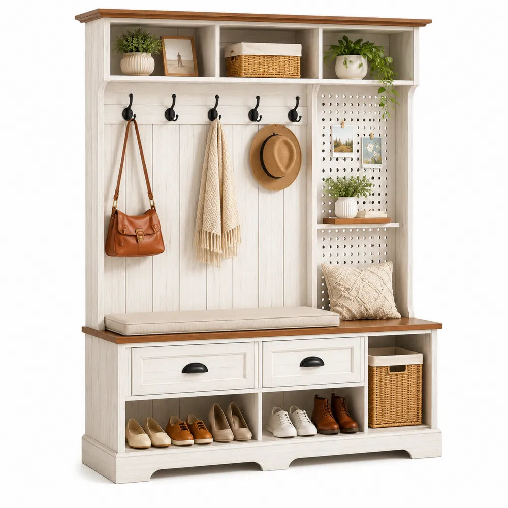 Perchero con Banco y Almacenamiento de MDF de 180x120x40 cm