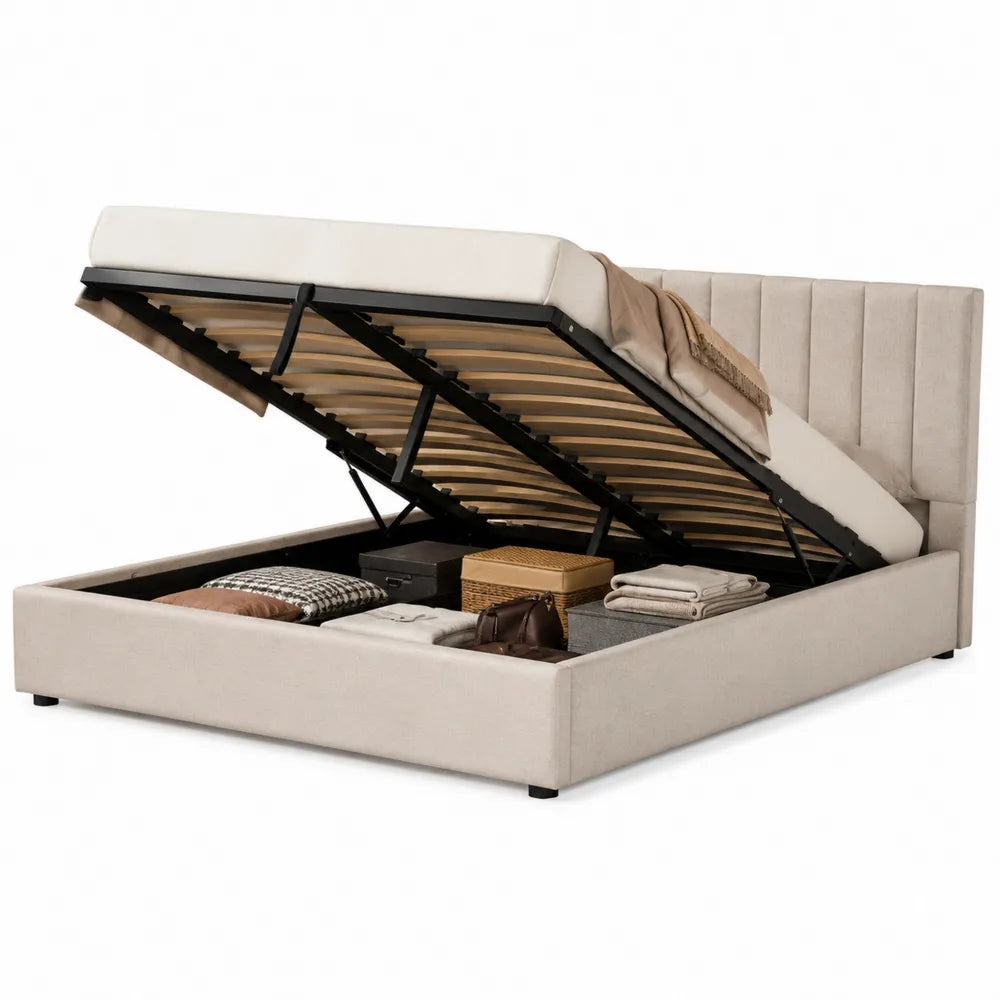 Cama tapizada con almacenamiento elevable beige