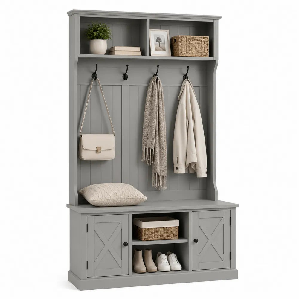 Perchero con banco y almacenamiento en madera MDF y metal gris