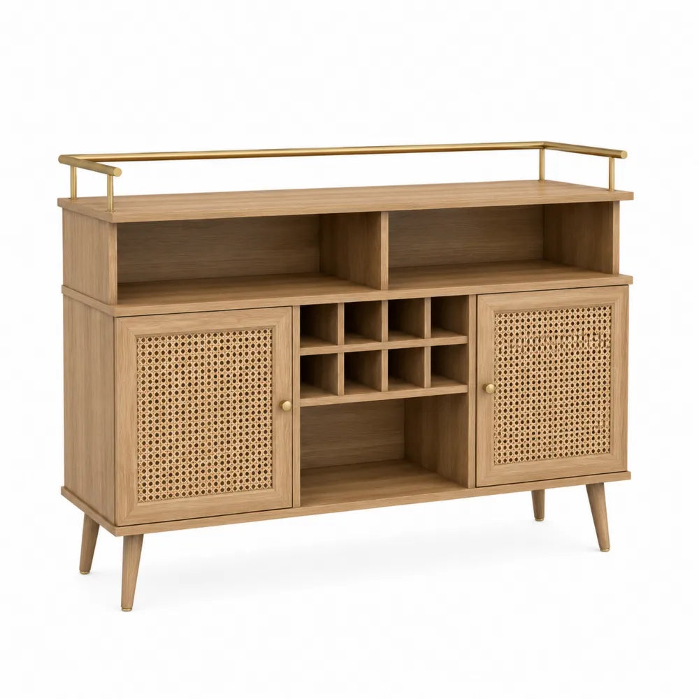 Aparador de Madera con Puertas de Ratán y Botellero
