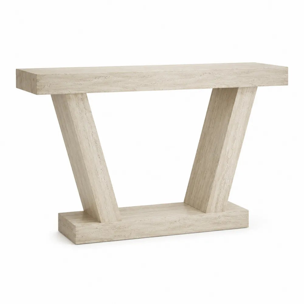 Mesa consola de piedra travertina en forma de V