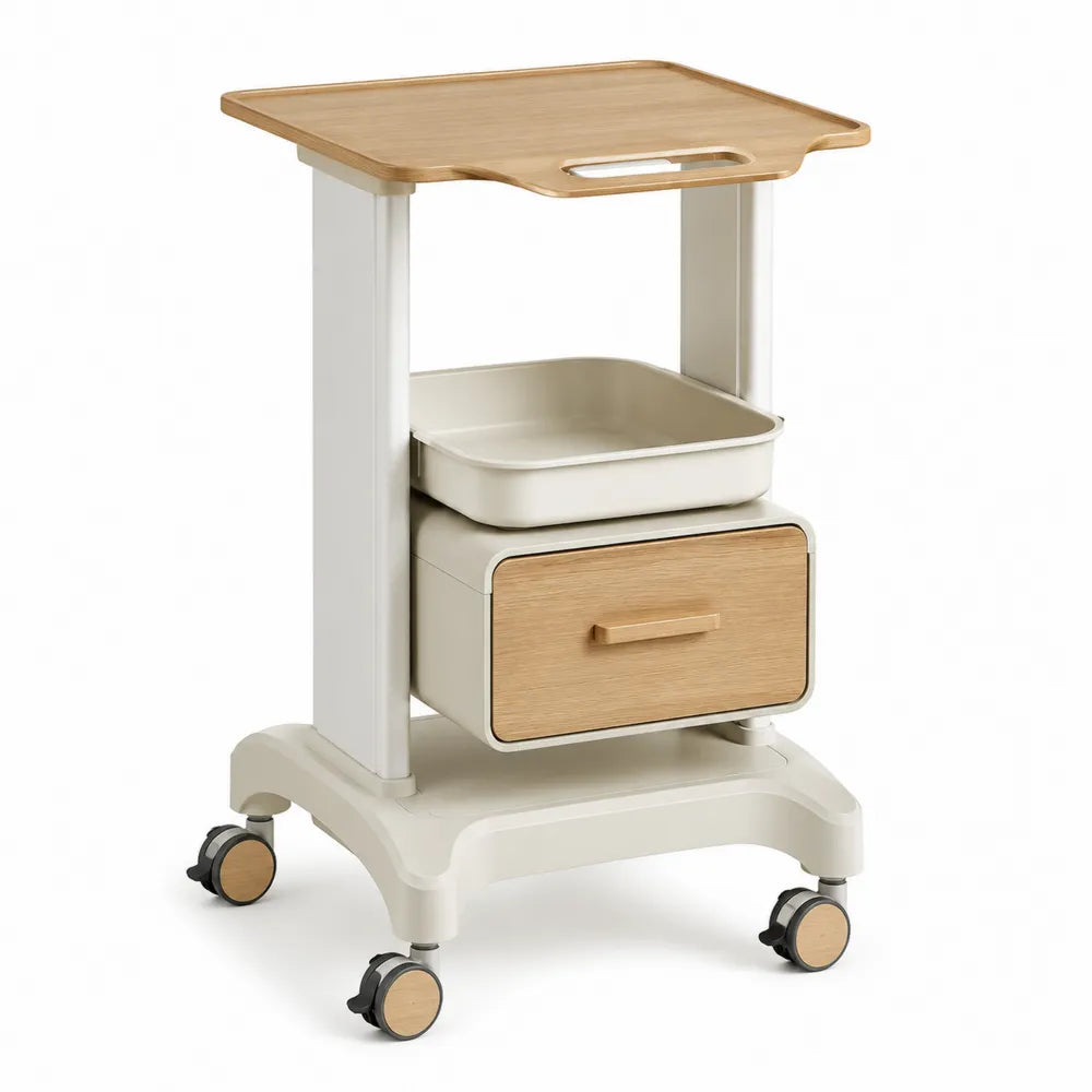 Carrito de almacenamiento con cajón de madera y bandeja extraíble beige y roble
