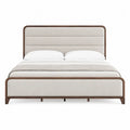 Cama doble beige con estructura de madera y tela de poliéster