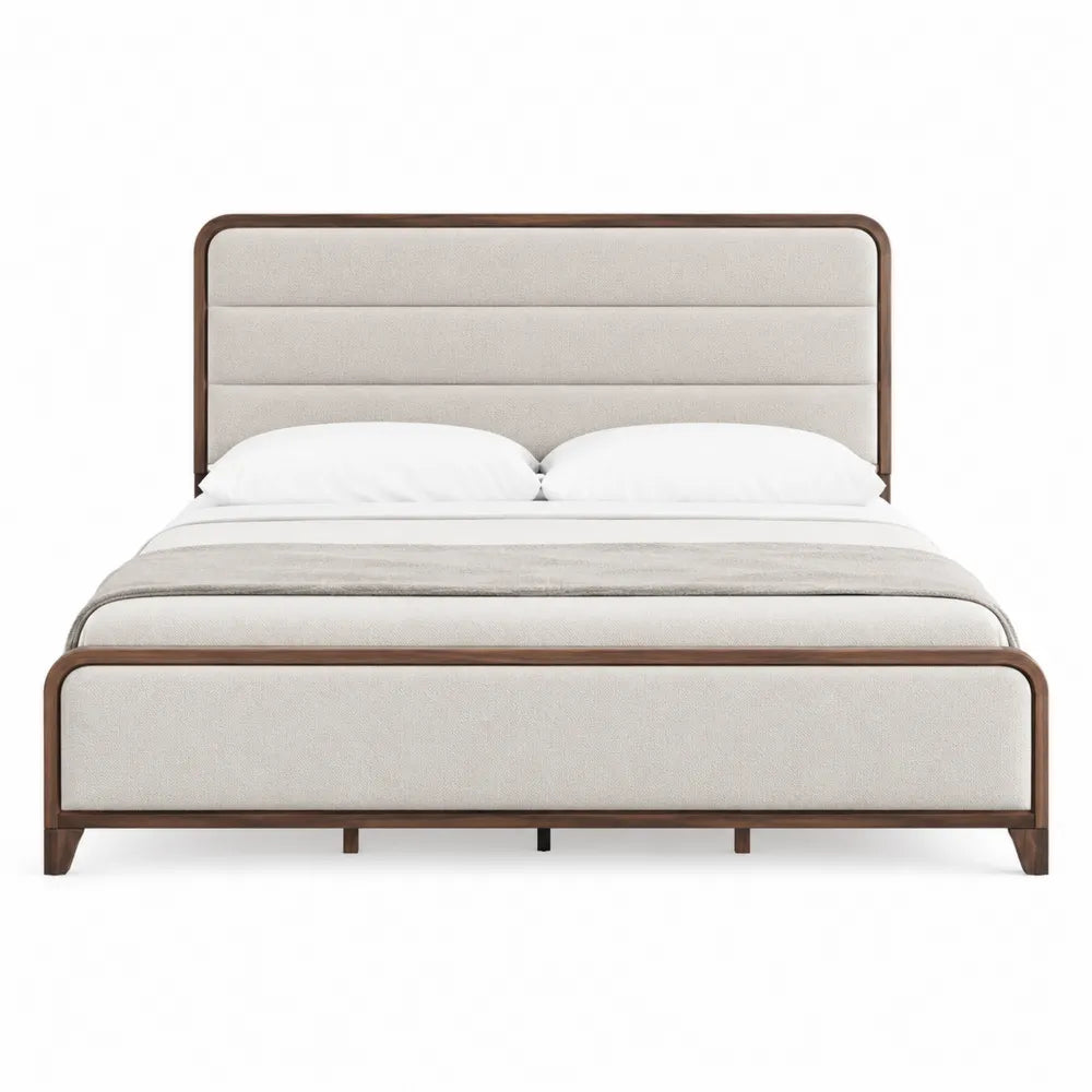 Cama doble beige con estructura de madera y tela de poliéster