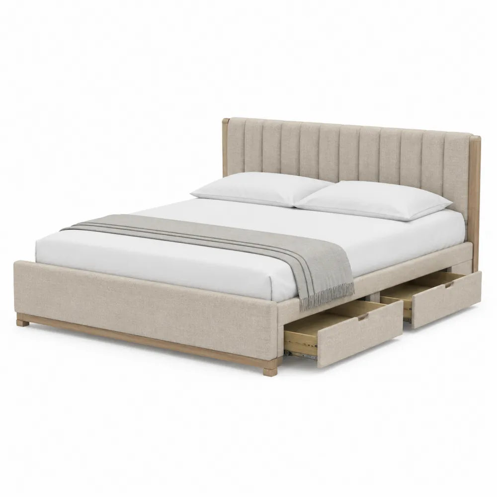 Cama doble de madera con cabecero tapizado y cajones de lino beige 200x150 cm