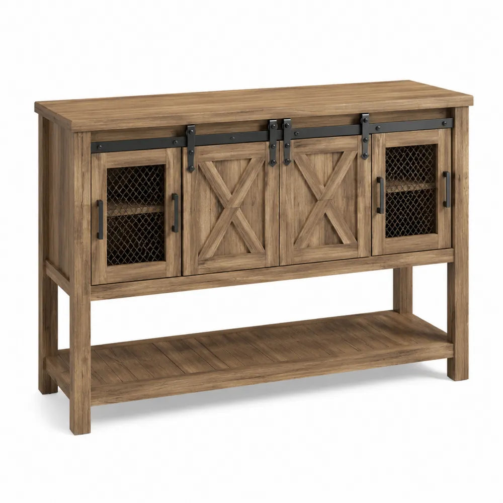 Aparador de madera con puertas de metal y rejilla