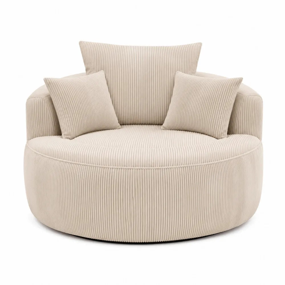 Silla redonda de tela beige con cojines, diámetro 120 cm