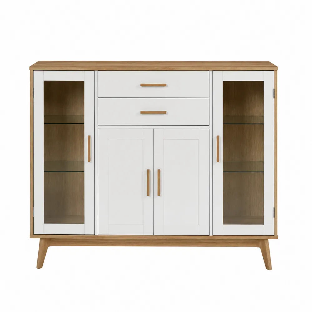 Aparador de Madera y Vidrio Templado Blanco y Natural 90x120x40 cm