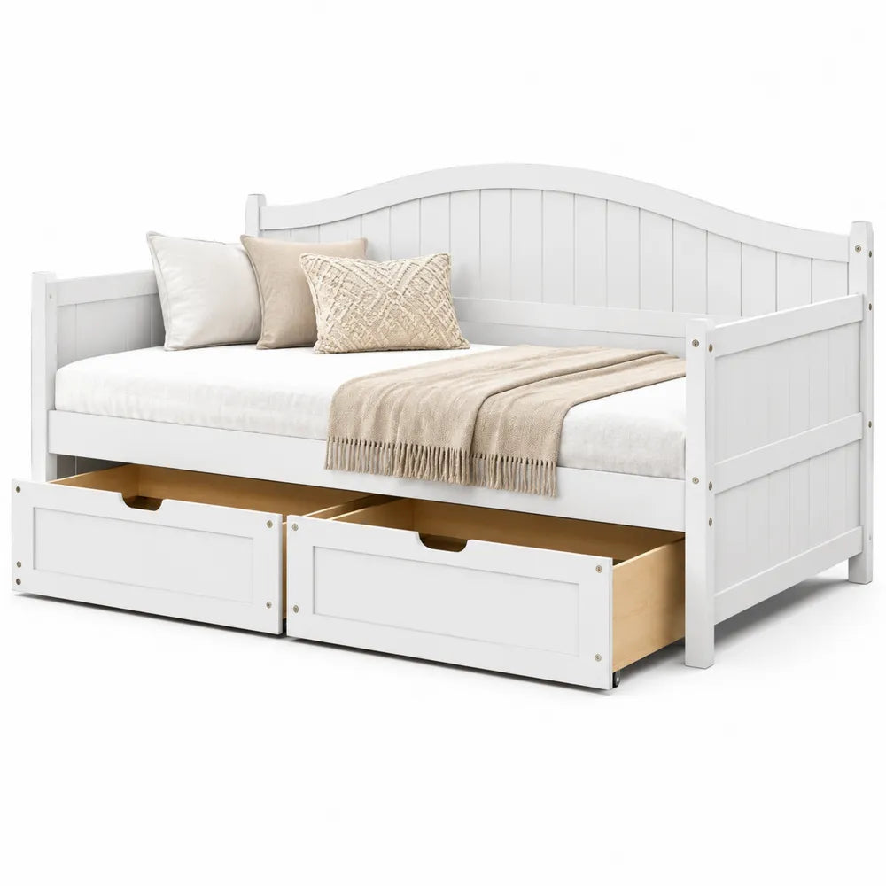 Sofá cama de madera blanca con cajones y cojines