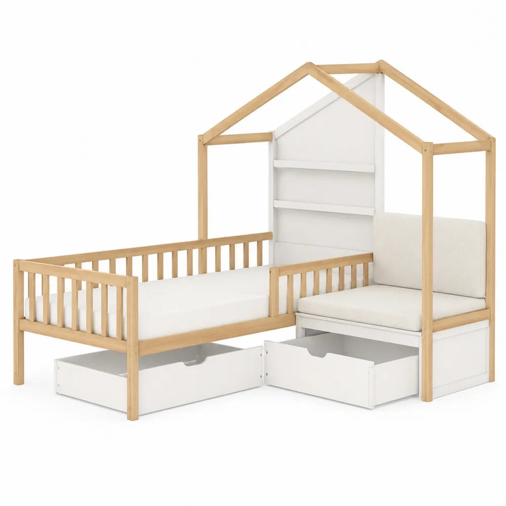 Cama infantil de madera con estantería y cajones 200 cm x 90 cm