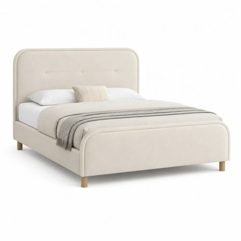 Cama tapizada de tela beige 200x160 cm con estructura de madera